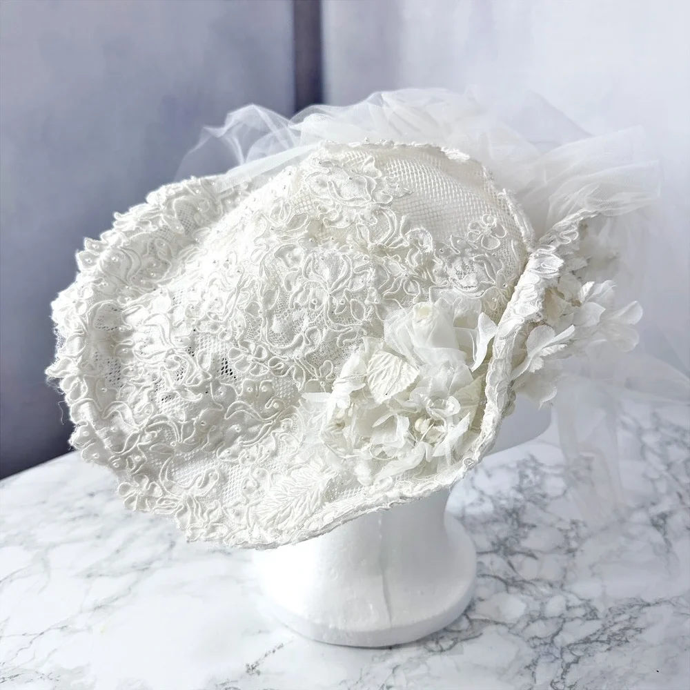 Vintage Handmade Ivory White Lace Floral Pearl Bridal Veil Hat